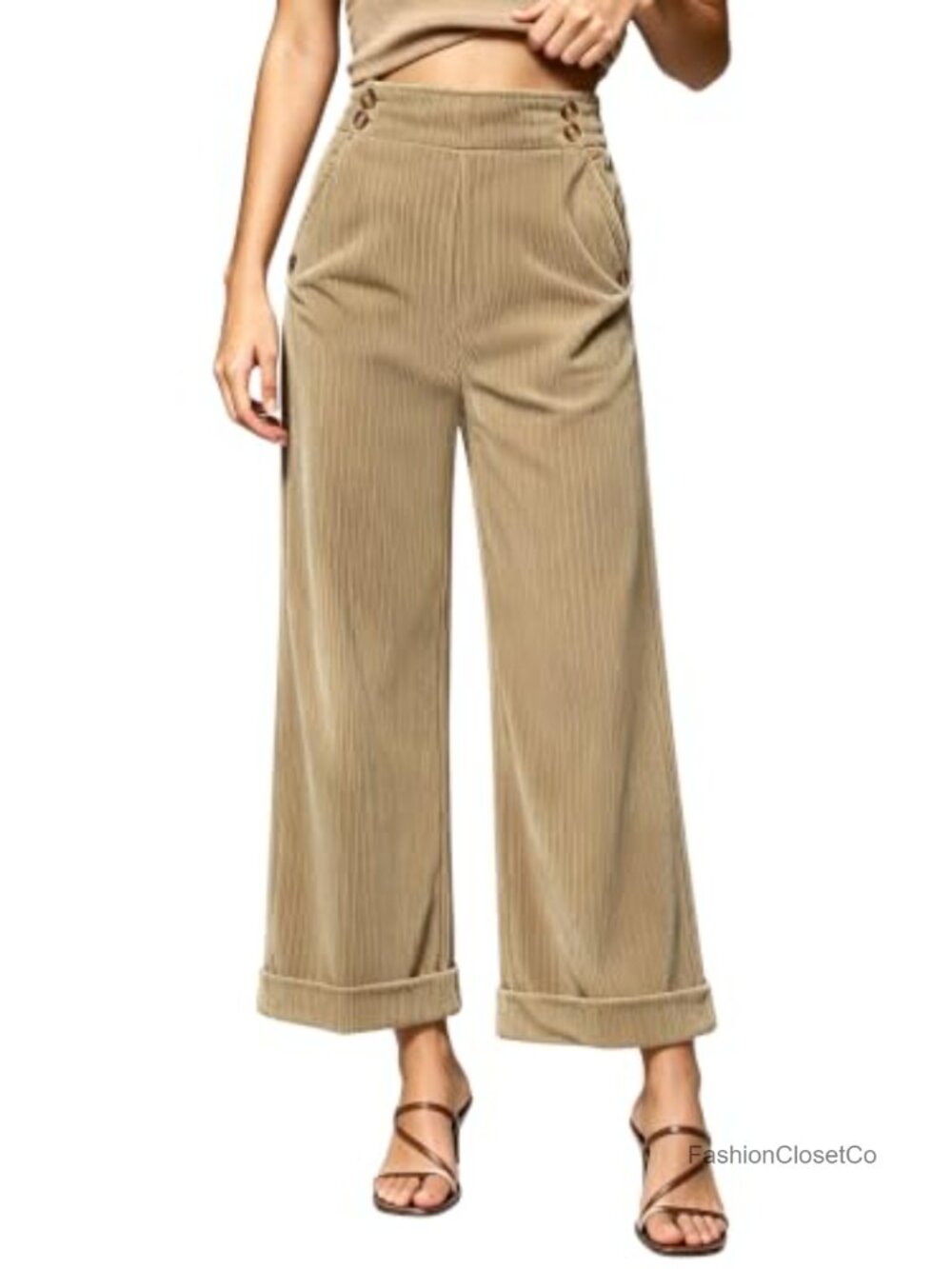 Corduroy Wide Leg High Waisted Cuffed Pants